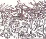 An illustration showing a historical scene with soldiers and a central figure, likely related to the miracle.