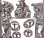 Illustration showing figures with a central image and circular symbols, depicting a religious scene.