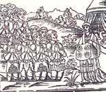 An illustration showing a group of people with baskets and a figure holding a shield.