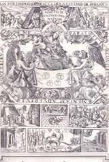 An ornate illustration depicting the Virgin Mary with angels and saints, surrounded by various scenes.