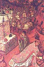 A priest celebrating Mass with a congregation, surrounded by ornate decorations and religious symbols.