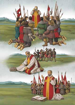 Illustration depicting a priest celebrating Mass with soldiers kneeling in prayer and preparing for battle.