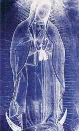An image of the Virgin of Guadalupe, depicted in a blue and white style, with hands clasped in prayer.