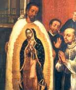 A depiction of Juan Diego presenting the Virgin of Guadalupe to a group of people.