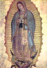The Virgin of Guadalupe depicted in traditional attire, surrounded by a radiant halo.