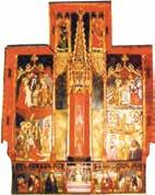 A detailed painting depicting the transformation of wine into blood during a Eucharistic miracle.