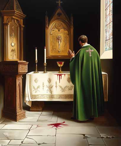 A priest at an altar with a chalice, candles, and a blood stain on the floor.