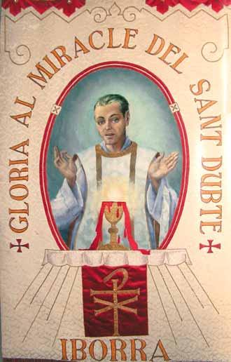 An illustration depicting a priest with raised hands, celebrating a religious miracle.