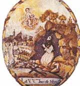 An illustration depicting a woman praying in a cave with a child above her.