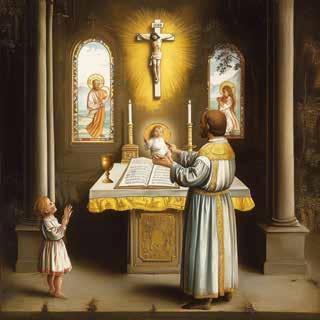 A priest holds the Sacred Host with a child present during a religious ceremony.