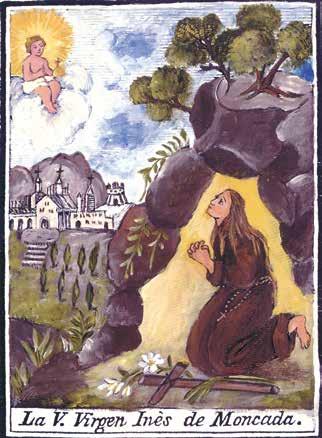 An illustration of Virgin Inés de Moncada praying in a cave with a child above her.