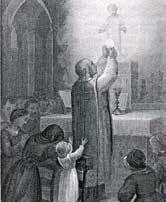 A priest elevating the Eucharist during Mass with children and adults observing.