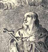 An illustration of a saint holding a cross, depicted in a religious context.