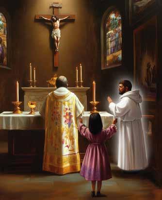 A girl in a pink dress stands before a priest and a deacon during a Mass.
