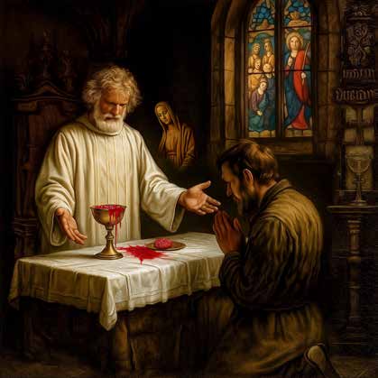 A priest and a kneeling man at a table with a chalice and bread, in a dimly lit church.