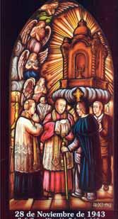 A stained glass depiction of a religious ceremony with figures in traditional attire.