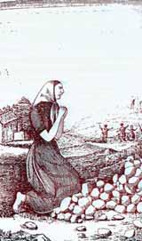 Illustration of Teresa Carbonell kneeling in prayer upon discovering the monstrance in a field, part of the Onil miracle story.