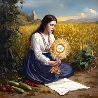A young woman kneels in a field, holding a monstrance with the Host, surrounded by crops.