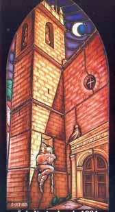A stained glass depiction of St. James Church featuring its tower and architectural details.