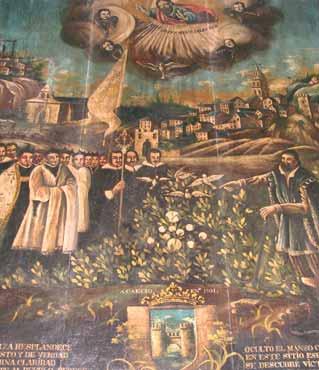 A religious painting illustrating the miracle of the stolen Hosts with figures and a landscape.