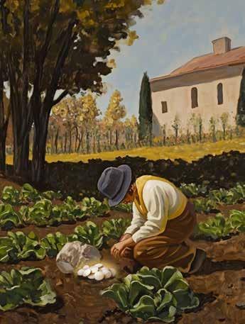 A farmer kneeling in a garden, discovering Hosts hidden under a stone among the vegetables.