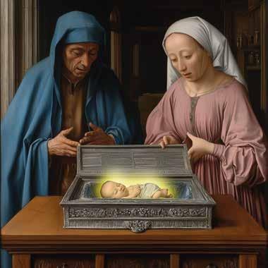 The image depicts a scene with two figures gazing at a baby in a coffer, surrounded by light.