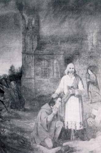A depiction of Jan Baloys rescuing the Blessed Sacrament during a church fire.